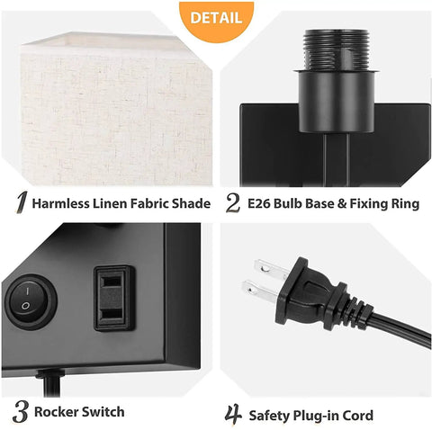 Detail view of Plug In Wall Sconces With Bulbs Two Pack USB Port And Outlet Black Wall Lamps showing shade, base, switch, cord.