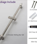 24 Inch Shower Slide Bar With Adjustable Holder Stainless Steel Wall Mount Sliding Bar In Brushed Nickel Finish Game Changing Upgrade For Your Bathroom Rust Resistant Easy Install with screws, wall anchors, glue, and Allen key