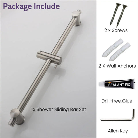 24 Inch Shower Slide Bar With Adjustable Holder Stainless Steel Wall Mount Sliding Bar In Brushed Nickel Finish Game Changing Upgrade For Your Bathroom Rust Resistant Easy Install with screws, wall anchors, glue, and Allen key