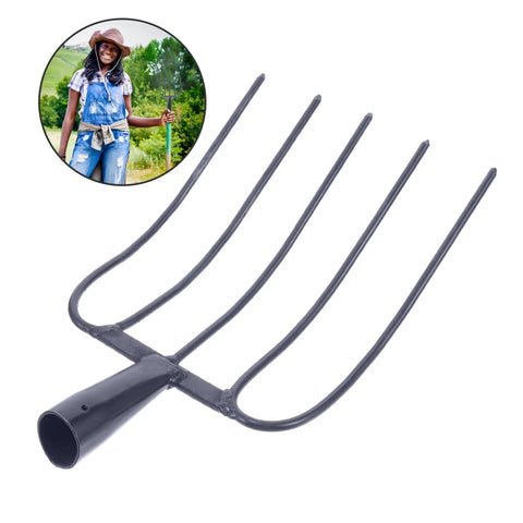 Heavy Duty Grass Fork Handheld Pitch Fork For Mulching And Gardening shown with inset of user holding the tool outdoors