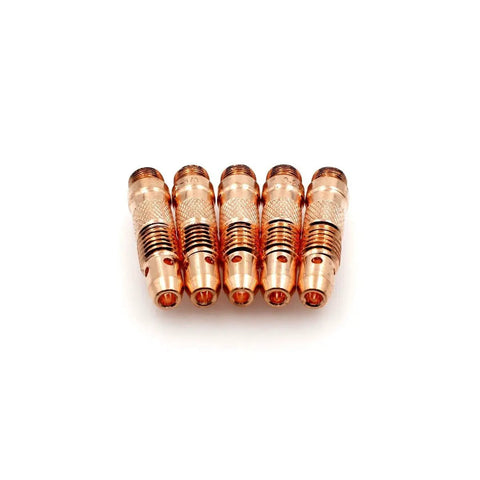 Premium TIG Welding Collet Body And Assorted Collet Kit For WP-17 18 26 Torch Fits Lincoln Miller Diamonback And Weldcraft Models With 30 Piece Set Ready To Rock - close-up of five collet bodies.