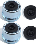 Two chrome 1.98-inch hub trailer axle dust caps with black rubber seals and two rubber plugs.
