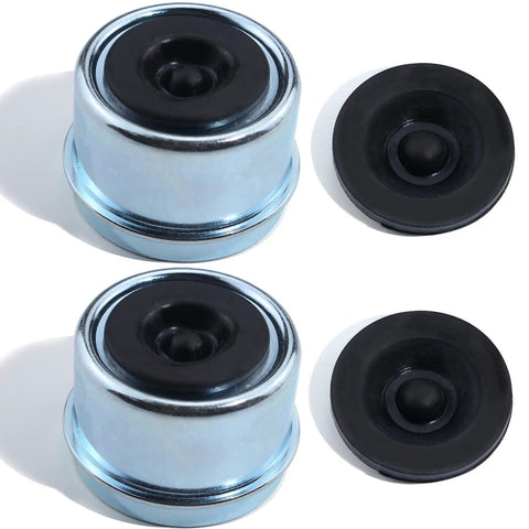 Two chrome 1.98-inch hub trailer axle dust caps with black rubber seals and two rubber plugs.