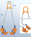 Front view of FAHKNS drum lifter with pair of orange clamp jaws, blue frames, and steel chains for 55-gallon drums