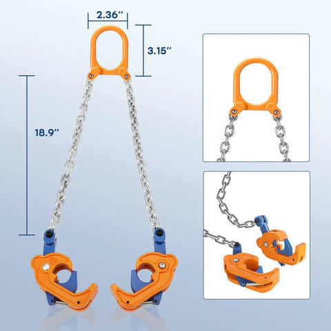 Front view of FAHKNS drum lifter with pair of orange clamp jaws, blue frames, and steel chains for 55-gallon drums
