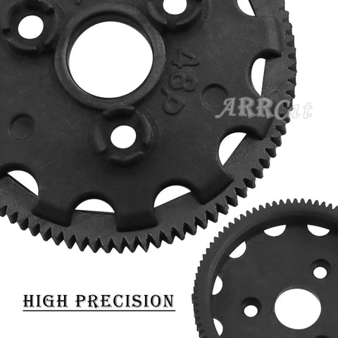 Durable 86T 48P Spur Gear Set With 19T 21T 23T Pinions And Slipper Clutch Upgrade; close-up of black spur gear with high precision text