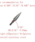 Close-up of 125 grain stainless steel archery field point, 5/16 inch diameter, for recurve, compound, and crossbows.