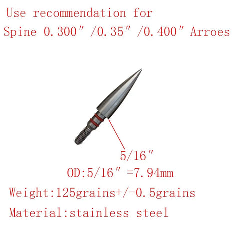 Close-up of 125 grain stainless steel archery field point, 5/16 inch diameter, for recurve, compound, and crossbows.