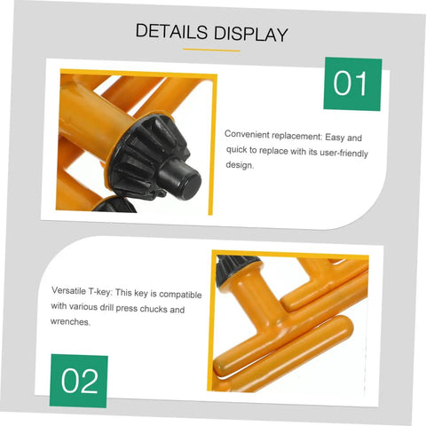 Pro Grade 4 Piece Drill Chuck Key Set With Comfort Grip Thumb Handle Quick Change No Sweat Design Heavy Duty Steel Body Iron Clad Wrench detail of T-key features and rubber grip design.