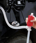 Heavy Duty Manual Hand Siphon Pump, High Flow Portable Fuel Extraction Hose For Gasoline Diesel And Motor Oil in use with vehicle.