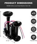 Heavy Duty 12V Dual Electric Car Air Horn With Built In Compressor 120 Decibel Insanely Loud Waterproof Dual Trumpet Kit, dimensions 8.5x6.1in, black