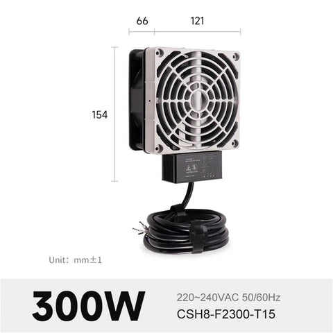 One Piece Heavy Duty Industrial Cabinet Heater Stops Freezing and Moisture Buildup Includes Adjustable Thermostat 220V Electric Heat Unit side view with fan and power cord.