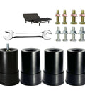 Beefy Heavy Duty Adjustable Bed Frame Legs Set Of Four Extra Height Metal Replacement Supports M8 And M10 Threads, includes tools and bolts.