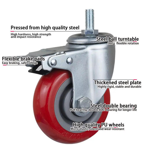 Heavy Duty M12 X 60 Bolt Casters With Silent Pu Swivel Wheels For Trolley Workbench And Scaffolding Tough As Nails Steel Base Smooth Glide Locking Brake Set Of 4 close-up of steel bolt caster with flexible brake pad and polyurethane wheel.