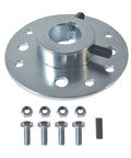 Beefed Up 4 Inch Sprocket Brake Hub Kit With One Inch Bore And Quarter Inch Keyway For 420 Chain, 50 Tooth Rear Drive Sprocket, Four Hole Mount, Fits Go Kart, Mini Bike, Predator Engines, Dune Buggy, And Drift Trike Builds, including hub, nuts, bolts, and keyway displayed on white background.