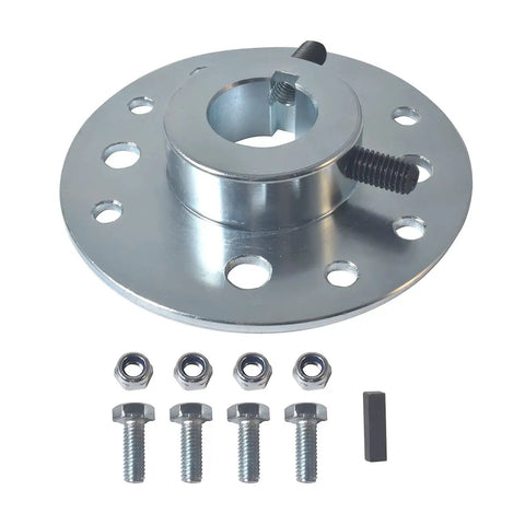 Beefed Up 4 Inch Sprocket Brake Hub Kit With One Inch Bore And Quarter Inch Keyway For 420 Chain, 50 Tooth Rear Drive Sprocket, Four Hole Mount, Fits Go Kart, Mini Bike, Predator Engines, Dune Buggy, And Drift Trike Builds, including hub, nuts, bolts, and keyway displayed on white background.