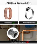 Compatibility of Three Quarter Inch PEX Ball Valve Set Lead Free Brass Shut Off Valves 2 Pack Red And Blue with copper rings and steel clamps.