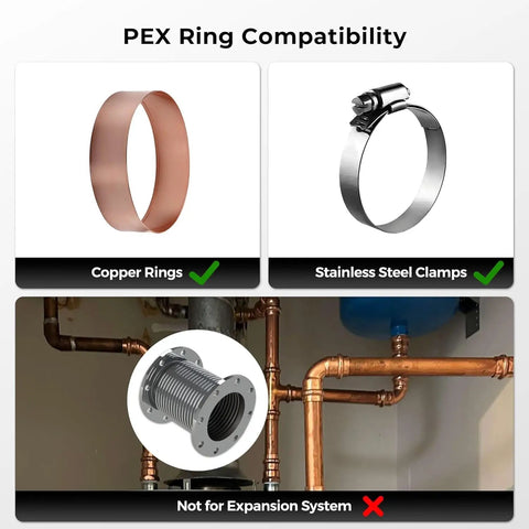 Compatibility of Three Quarter Inch PEX Ball Valve Set Lead Free Brass Shut Off Valves 2 Pack Red And Blue with copper rings and steel clamps.