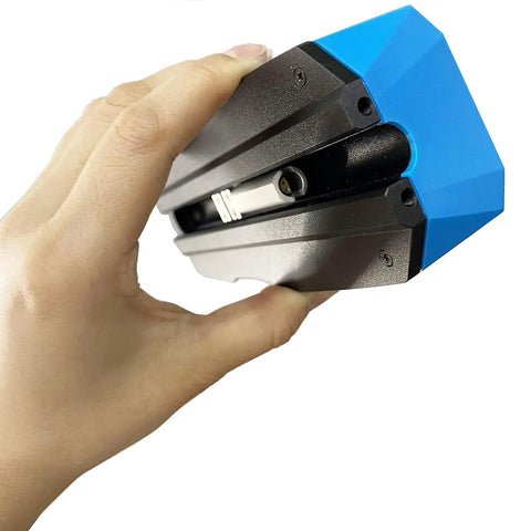 Top Shelf Surface Roughness Tester With Slim Needle For Tricky Grooves And Curved Surfaces Heavy Duty Metal Stand plug held showing slim design.