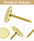 Real Deal Gold Flat Head Thumb Tacks One Hundred Pack Killer Quality Solid Metal Drawing Pins showing gold flat head and sharp point.