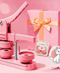 58mm Button Maker Press Kit Starter Bundle For DIY Pins And Badges in pink with sample pin and gift box on display