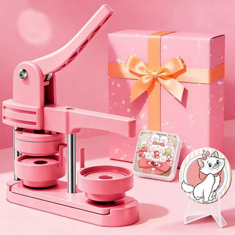 58mm Button Maker Press Kit Starter Bundle For DIY Pins And Badges in pink with sample pin and gift box on display
