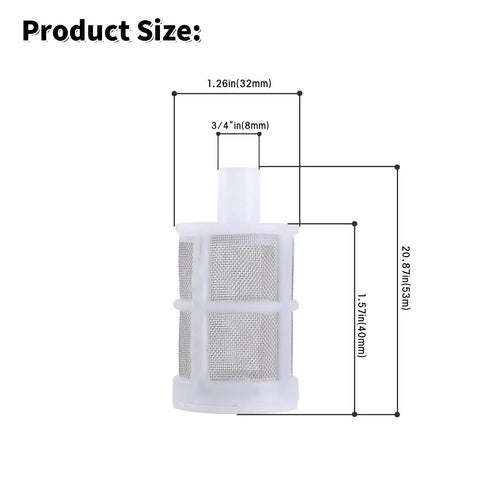 Hose Connection Filter For Aquarium Pumps And Fish Tanks Internal Spray Filter with dimensions, 8mm size, durable stainless steel.