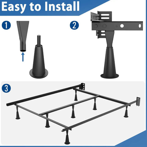 Installation view of 5 Inch High Rise Bed Frame Risers Set Of 6 With Socket Sleeve To Replace Bed Feet And Lift Your Bed Frame By Five Inches For Under Bed Storage Durable Construction For Mattress Support And Clear Storage Of Bins And Seasonal Gear.