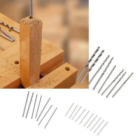 Pro Grade HSS Micro Drill Bit Set, 25Pcs Precision Micro Bits From 0.5mm To 3.0mm For PCB Work, Jewelry Making, displayed with wood drilling example