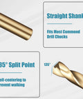 Close-up of Cobalt Drill Bit Set 13 Piece One Sixteenth To One Quarter Inch M35 High Speed Steel Twist Jobber Bits with straight shank.