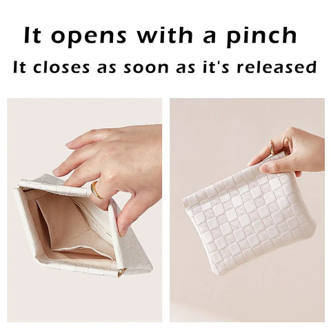 Leather Cosmetic Pouch For Purse With Secure Snap Closure And Slim Profile in white being opened and closed.