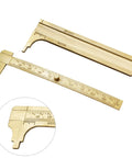 Brass Pocket Vernier Caliper Ruler, Handy Sliding Gauge, with dual mm and inch scales, 100mm measuring tool, detailed close-up view.