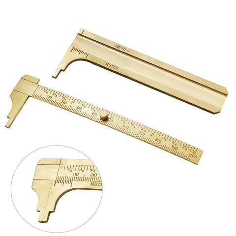 Brass Pocket Vernier Caliper Ruler, Handy Sliding Gauge, with dual mm and inch scales, 100mm measuring tool, detailed close-up view.