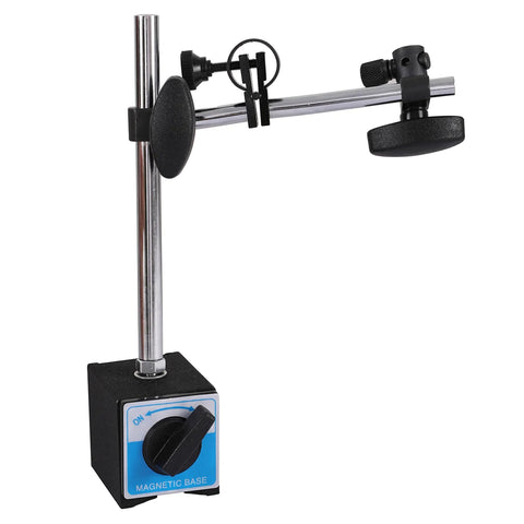 Qnkaa magnetic base dial indicator holder with arm; side view shows black base, chrome post, blue control panel.