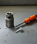 Top Shelf Furniture Connector Hardware Kit With Cam Lock Bolts And Sturdy Dowel Pins Made From Tough Alloy Iron tools, including a socket, screwdriver, and other accessories.