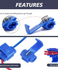 Close-up of blue quick splice wire connector from 140 Piece DIY Ready Quick Splice Wire Connector Set For 22 To 18 AWG 16 To 14 AWG And 12 To 10 AWG Solderless Snap Terminals In Red Blue Yellow Multicolor Housing Scotch Lock Connectors 300V Rated Electrical IDC Kit, connected to red wires.