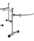 Curved Three Sided Drum Rack With Four Heavy Duty T Legs And Straight Up Secure Multi Clamp Mounts For Killer Pro Gig Rig Setup Ultimate Stability For Backstage And Home Studio Sessions, chrome finish.