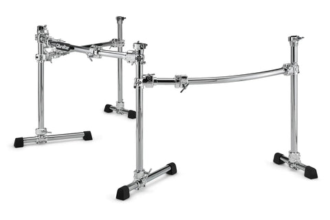 Curved Three Sided Drum Rack With Four Heavy Duty T Legs And Straight Up Secure Multi Clamp Mounts For Killer Pro Gig Rig Setup Ultimate Stability For Backstage And Home Studio Sessions, chrome finish.