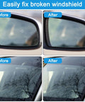 Upgraded Windshield Repair Kit for Chips and Cracks, Quick Fix DIY Star Shaped Crack Repair shown in before and after images
