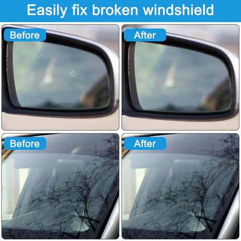 Windshield Crack Repair Kit 4 Piece Set For Chips And Cracks Car Glass Repair No Mixing Required Quick Fix In 20-30 Minutes Save Money And Restore Windshield To Near New Condition image showing before and after repair