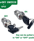 Two 12mm metal key lock switches with 2 pins, ON/OFF positions, removable keys shown for control panels and enclosures.