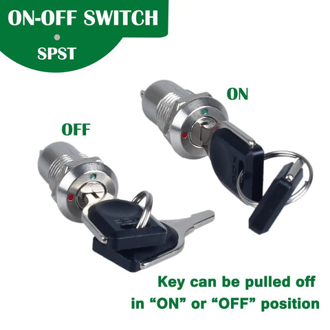 Two 12mm metal key lock switches with 2 pins, ON/OFF positions, removable keys shown for control panels and enclosures.