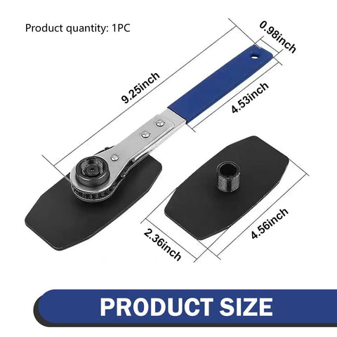Ratchet Style Brake Caliper Press Tool In Steel with two hooks for cars and trucks, shown with dimensions and separate plate