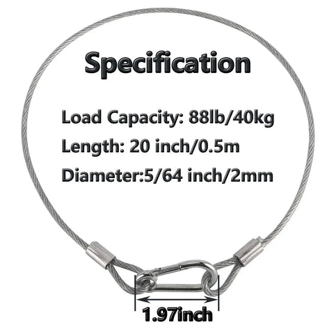 Five Pack Stainless Steel Safety Cables For Lighting Luggage Garage Doors And Cameras 20 Inch Long Load Rated Up To 88 Lbs