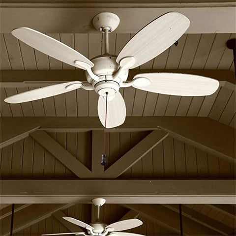 Ceiling fan with five white blades, viewed from below in a wooden interior setting.