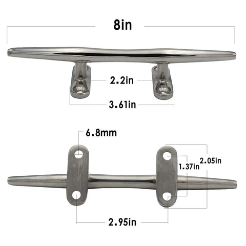 8 inch 316 stainless steel boat cleats open base with hardware set of 4 for dock marine use showing dimensions