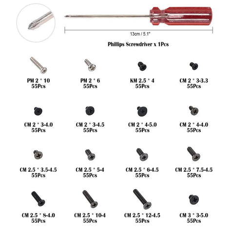 Slick Pro Level 880 Piece Laptop Screw Replacement Kit With Extra Phillips Driver, organized screws and driver for repairs.
