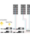 Diagram showing Heavy Duty Solar Y Branch Connector Kit For Paralleling Panels M To FF And F To MM with cables and solar panels.