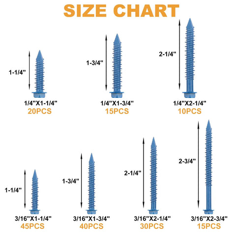 Heavy Duty Concrete Screws Set 175 Pieces Hex Head Masonry Screws With Diamond Point size chart for 1/4" and 3/16" screws
