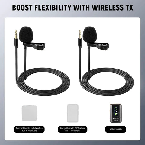 Lavalier Clip On Mic Omnidirectional Condenser Wired Lav Mic 2 Pack for YouTube Live Streaming and Stage Talks Hands Free Setup Compatible With Rode Wireless GO II and DJI Transmitters Durable Clip displayed on white background